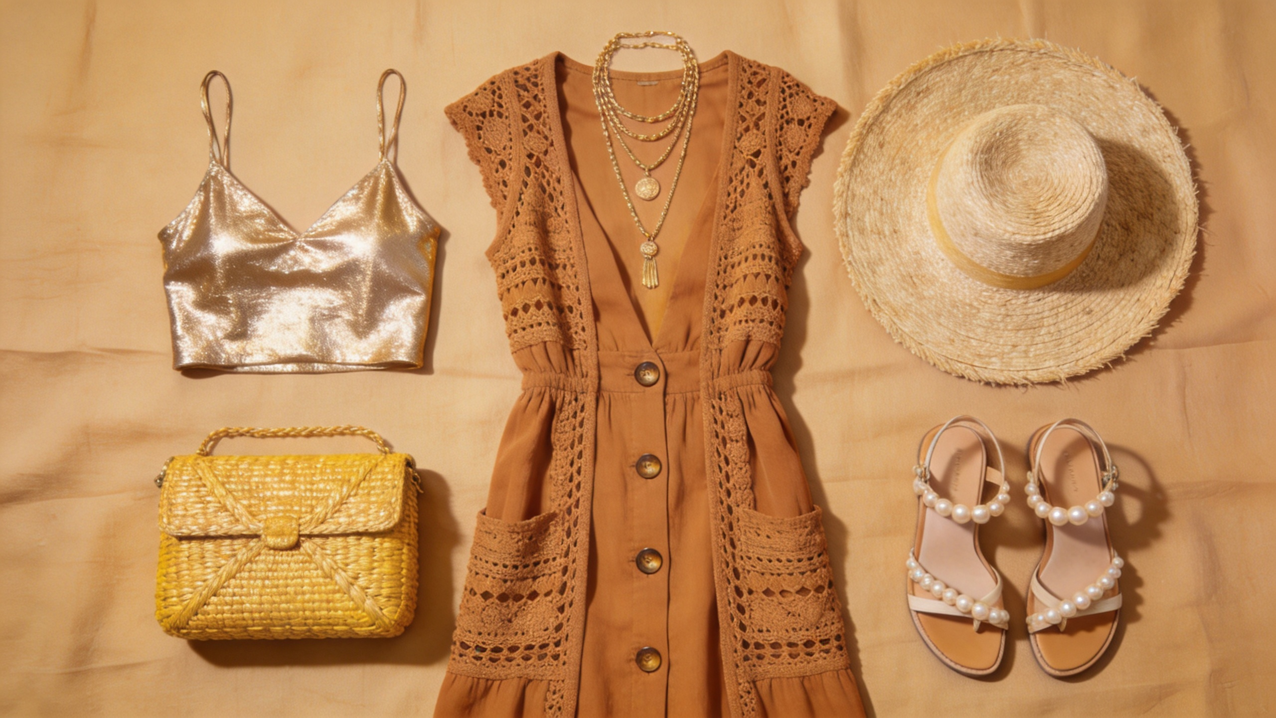 Summer swimwear flat lay: crochet cover-up, sarong, and beach accessories styled for beach-to-bar