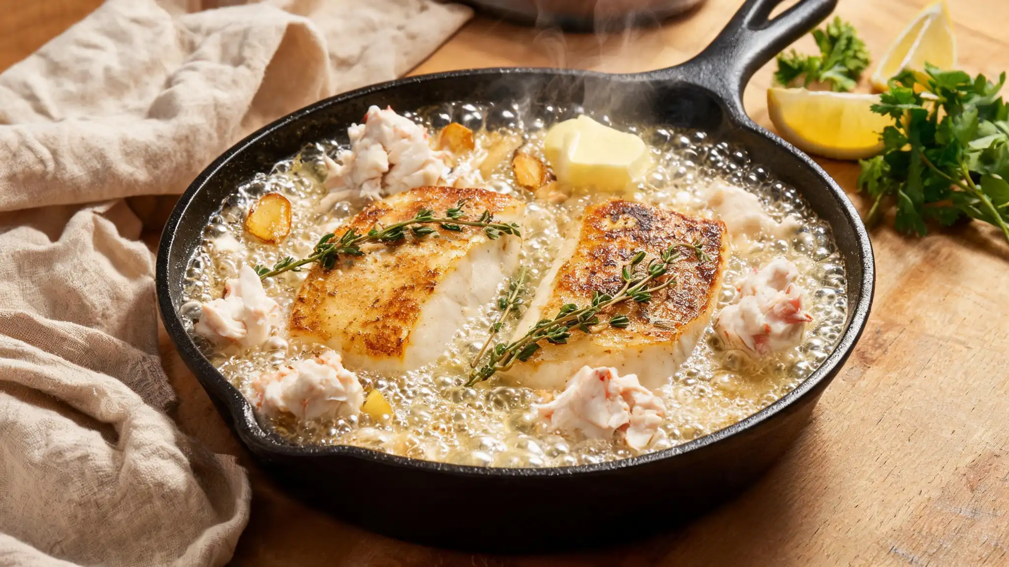 Overhead shot of garlic butter cod and crab skillet ingredients: cod fillets, lump crab, butter, lemon, garlic, parsley