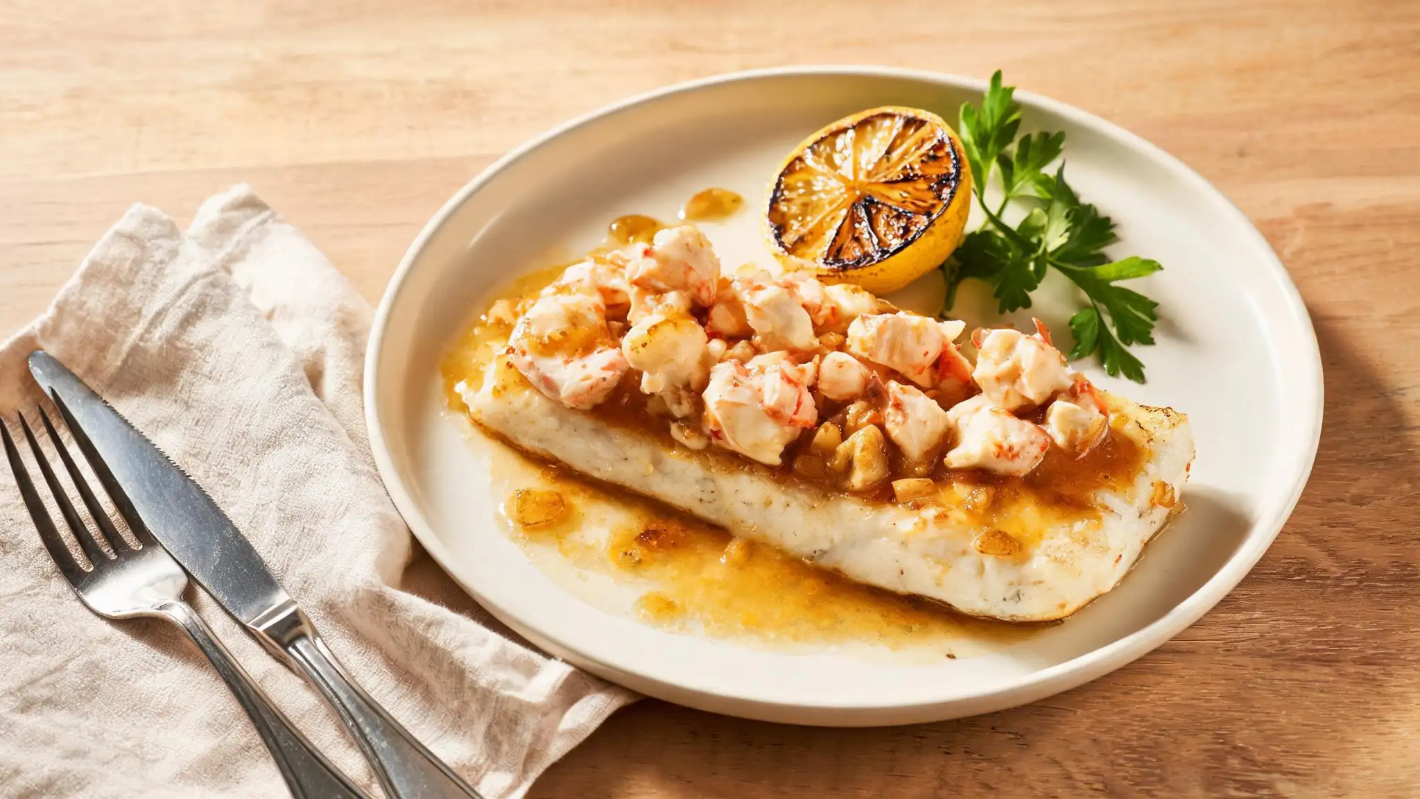 Close-up of fork-tender cod fillet with lump crab meat in garlic butter sauce in the skillet