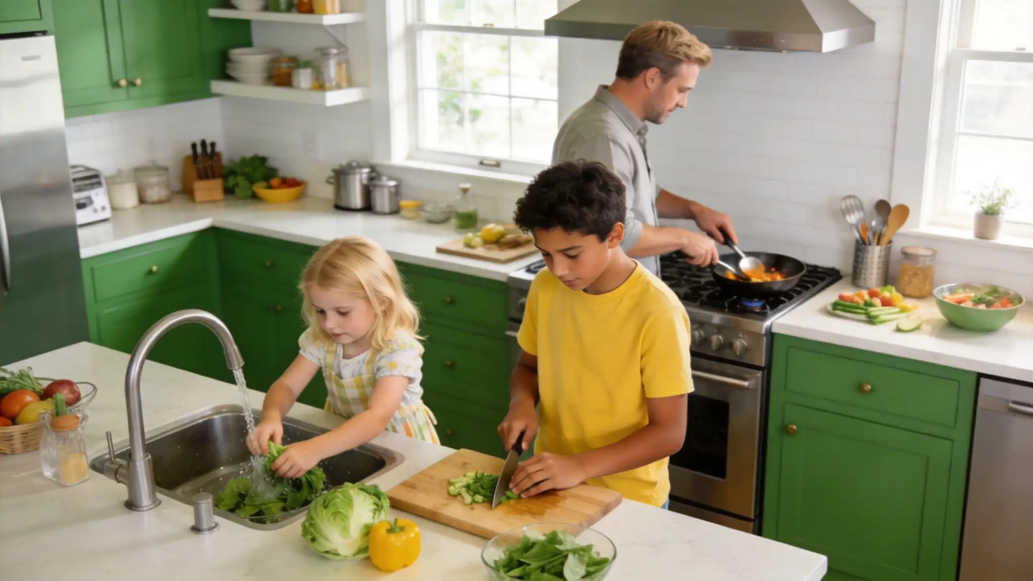Children participating in kitchen tasks at different ages