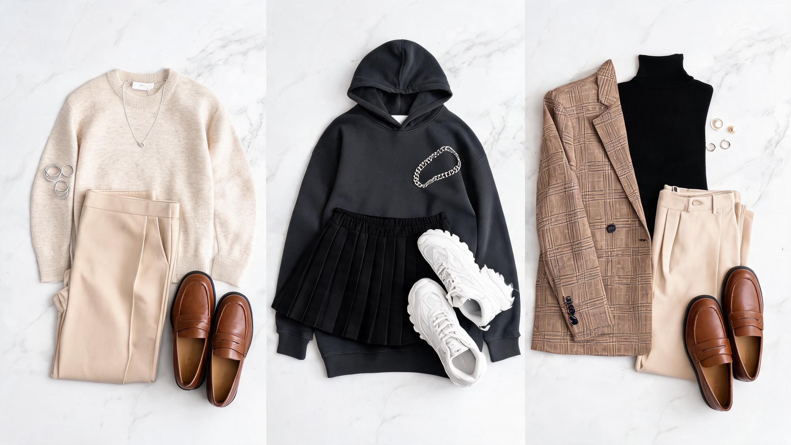 Three Korean fashion aesthetic styles: minimalist, street, and preppy flatlay