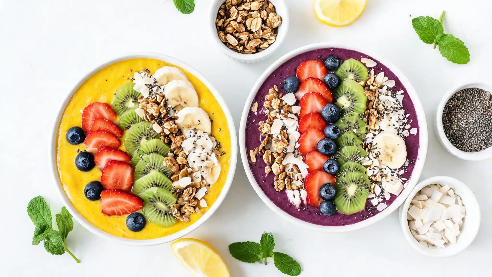 A colorful tropical smoothie bowl with mango, pineapple, and fresh toppings