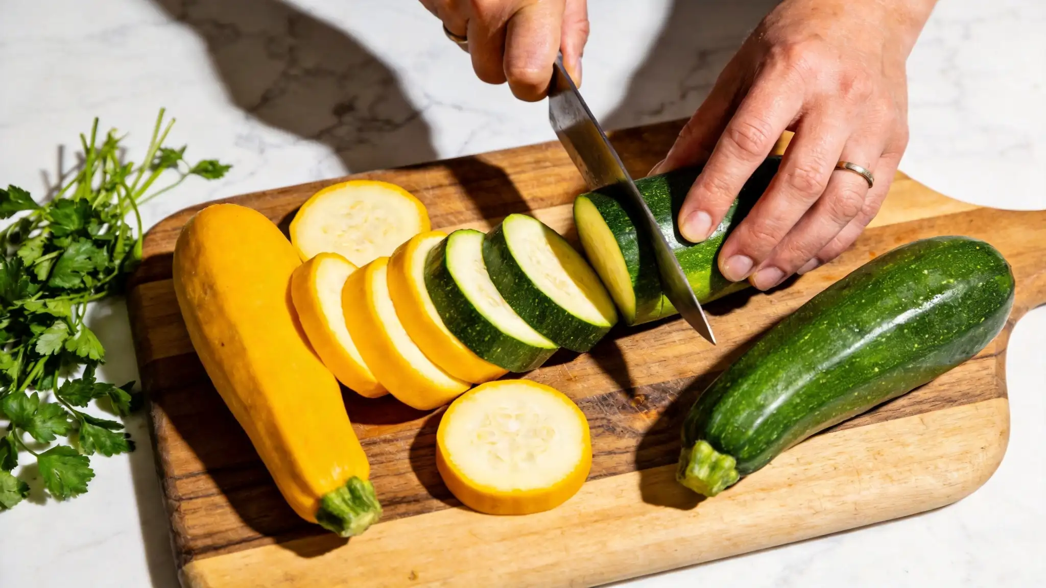 Slicing fresh summer squash on a wooden cutting board for pasta and sauté recipes