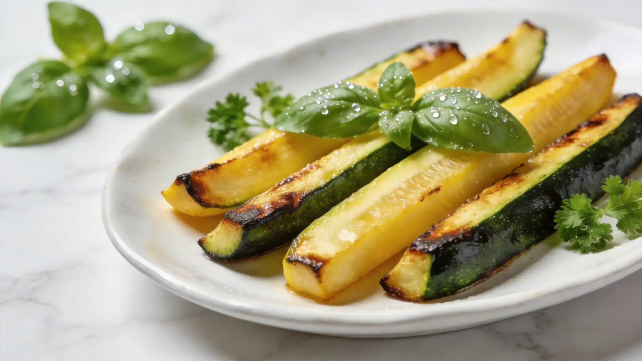 Golden roasted zucchini and yellow squash arranged on a rustic platter