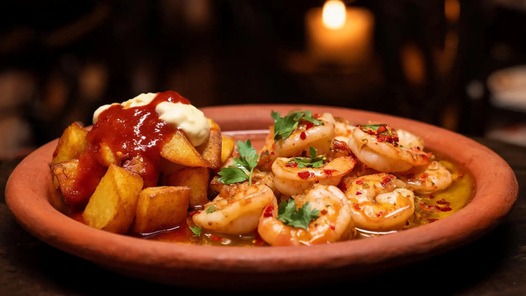 Classic Spanish tapas spread with patatas bravas, garlic shrimp, tortilla española, and small plates on a rustic wooden table