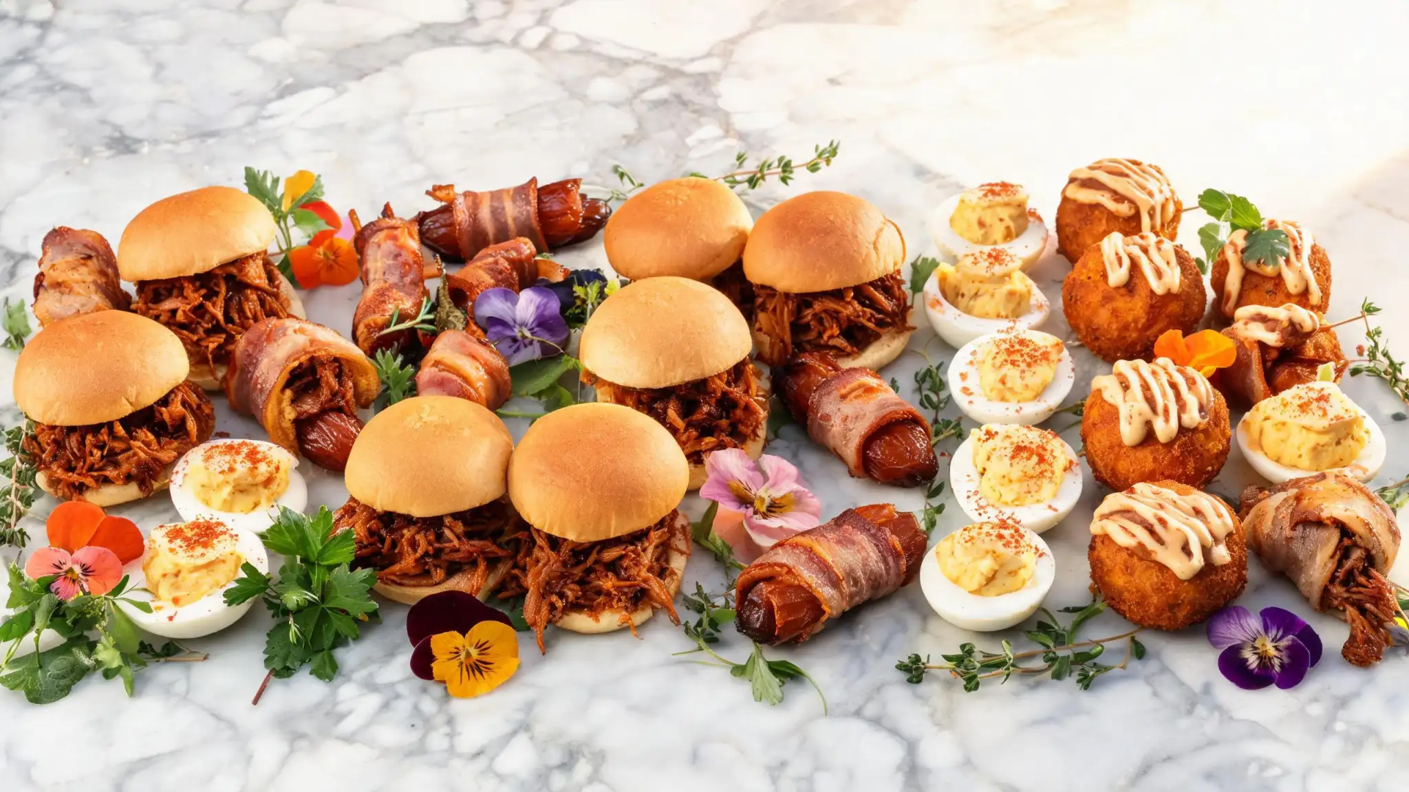 Creative fusion tapas ideas including Korean beef sliders, buffalo cauliflower bites, and miso-glazed eggplant toasts