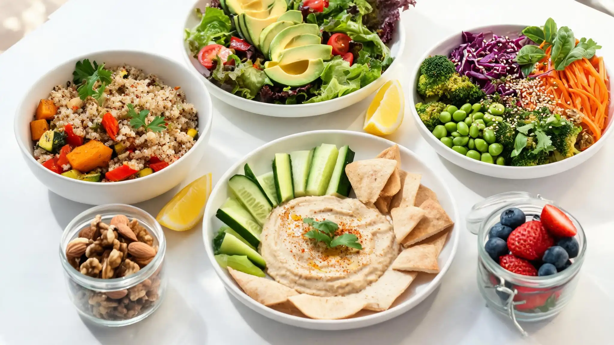 Colorful vegetarian meal prep containers filled with fresh plant-based dishes
