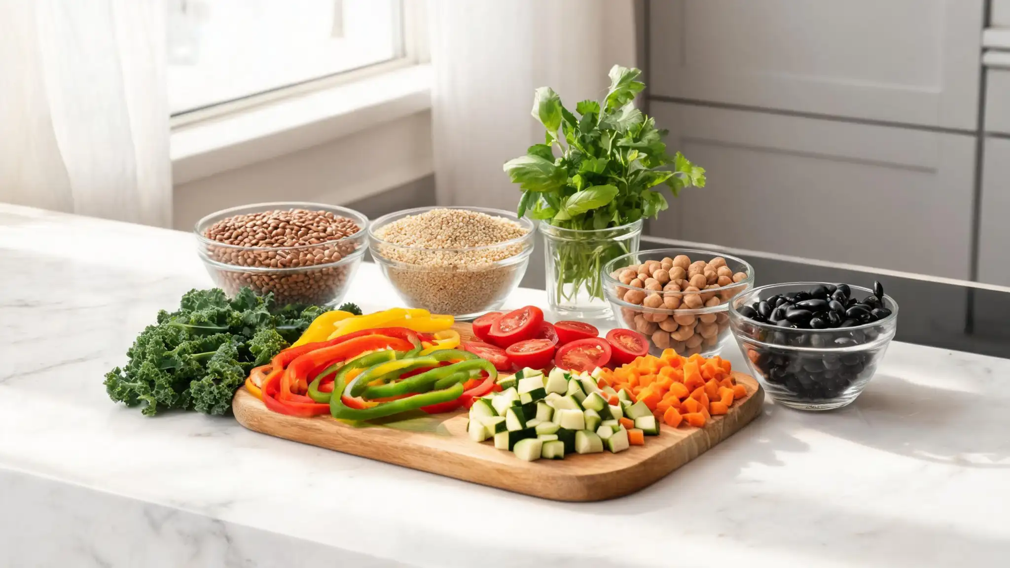 Vegetarian meal prep ingredients and containers arranged on a kitchen counter