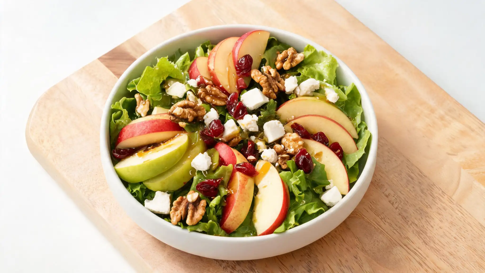 Crisp fall salad with sliced apples, walnuts, dried cranberries, and feta cheese on mixed greens.