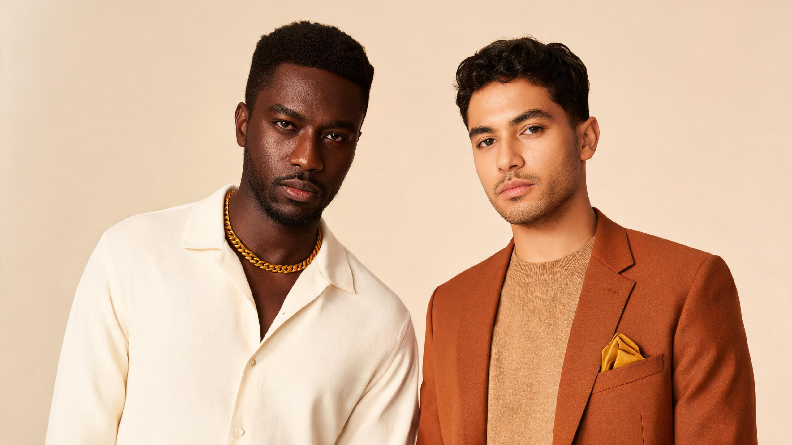 Flat lay of menswear in emerald, cobalt, rust orange, burgundy, and cream tones styled with gold jewelry