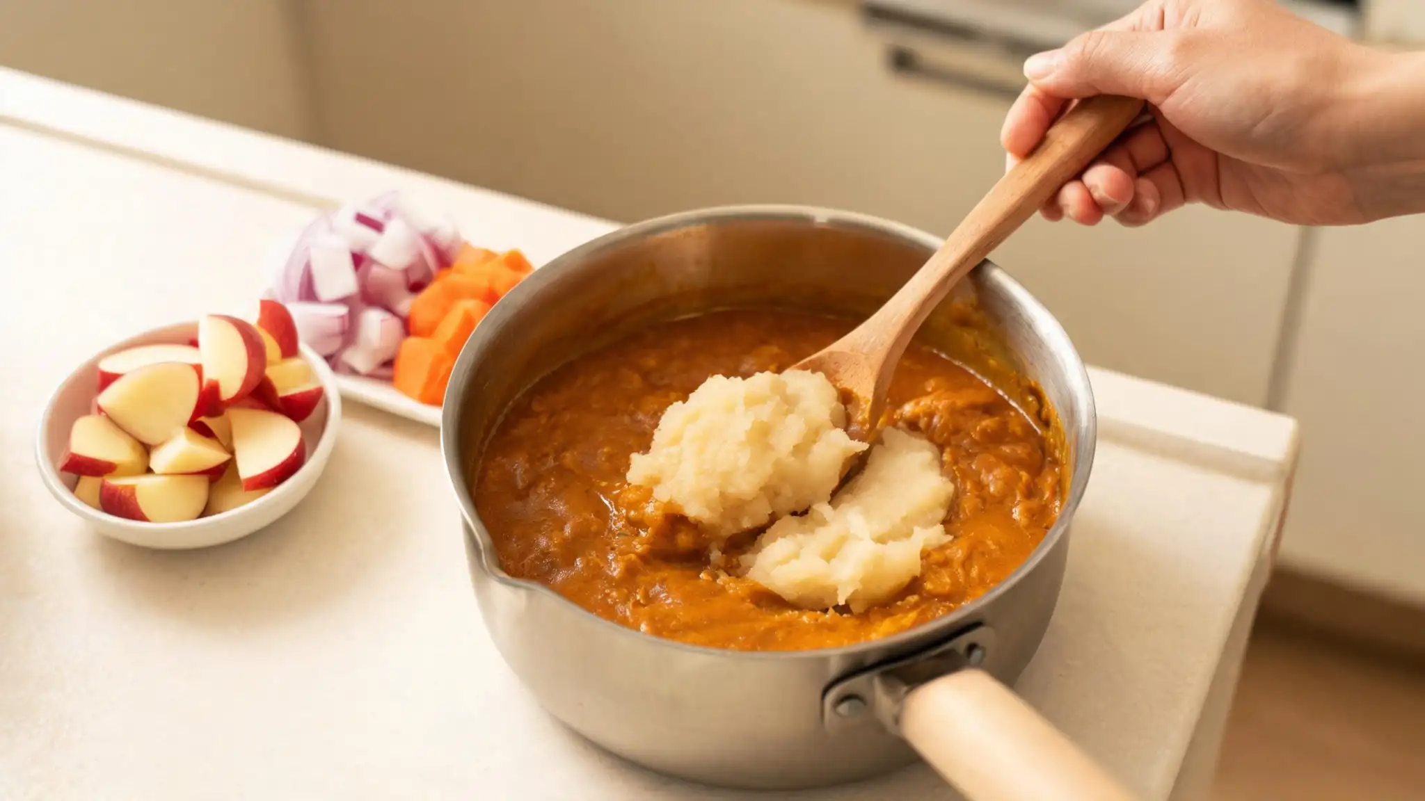 りんごカレーの作り方のコツをまとめた、すりおろしりんごと角切りりんごを使った絶品カレーのイメージ画像