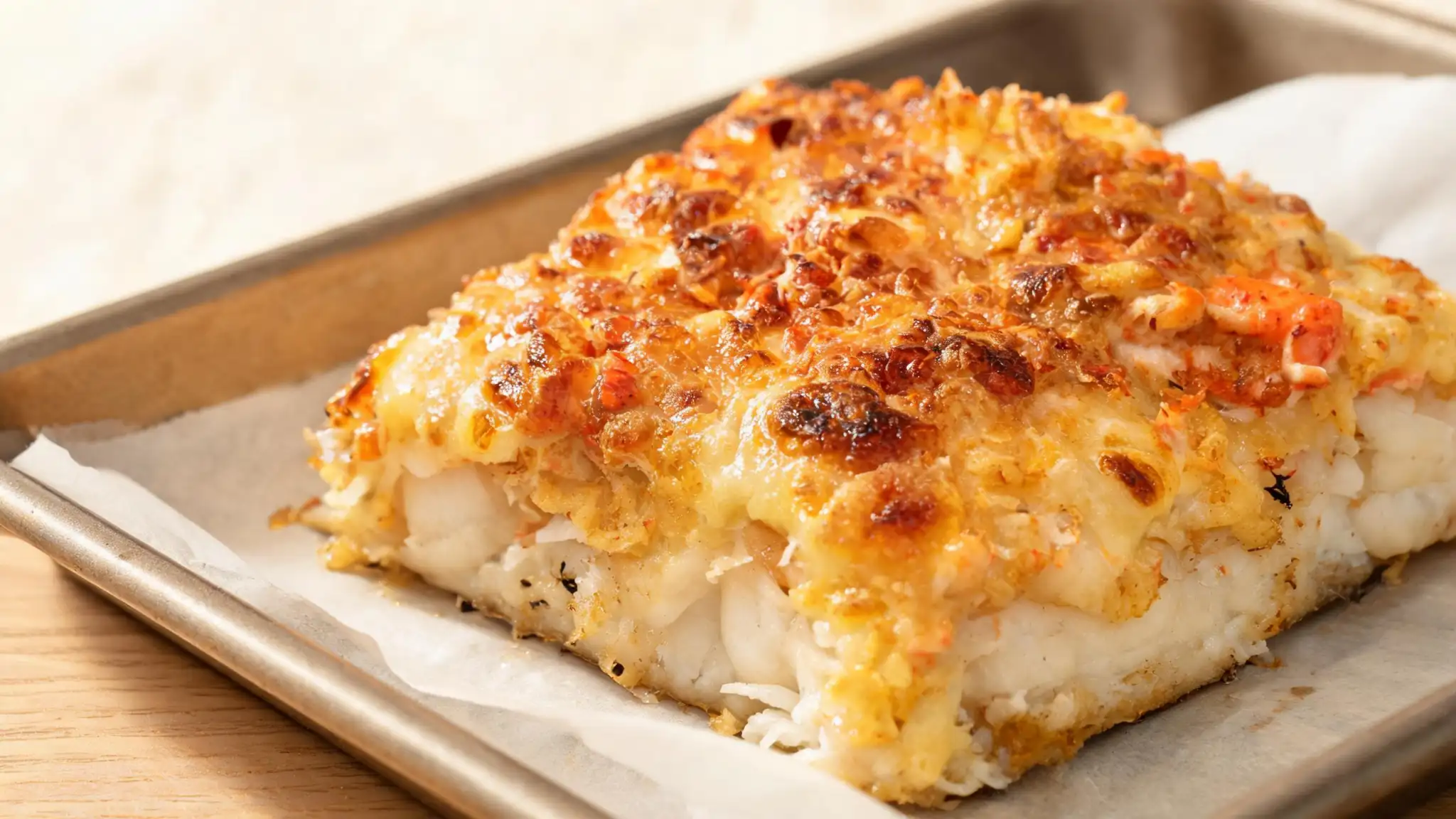 タラのオーブン焼きの材料（タラ切り身・カニほぐし身・パン粉・粉チーズ・レモン）を並べた俯拍写真