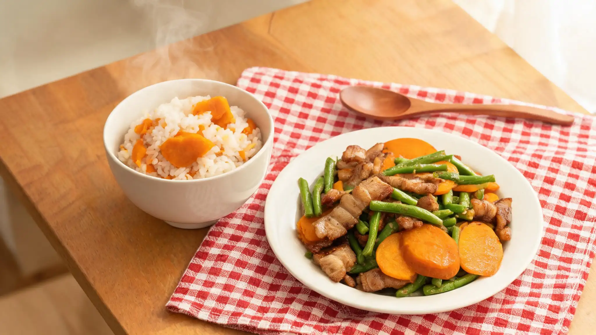 さつまいもと豚バラの甘辛炒めや炊き込みご飯など、秋の食卓のおかず料理